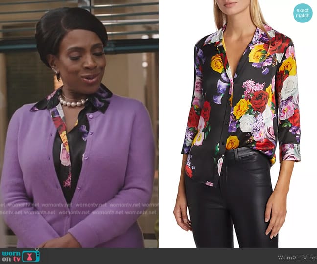 L'Agence Dani Floral Silk Button-Front Shirt worn by Barbara Howard (Sheryl Lee Ralph) on Abbott Elementary