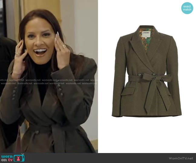 L'Agence Jordana Boucle Wrap Belted Blazer worn by Rocsi Diaz on Good Morning America