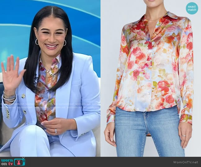 L'Agence Tyler Silk Shirt in Pink Multi Soft Cloud Floral worn by Morgan Radford on Today