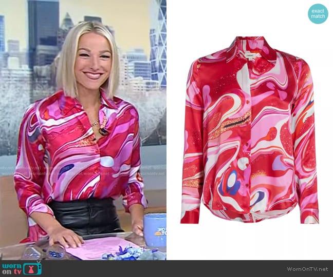 L'Agence Tyler Swirl Silk Blouse in Pink Multi Tie Dye Swirl worn by Lindsay Czarniak on Today