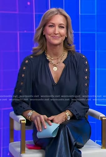 Lara’s navy cutout blouse and leather pants on Good Morning America