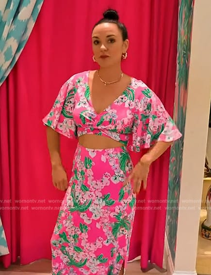 Lindsay’s pink floral print top and skirt set on Access Hollywood
