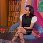 Linsey’s black rosette sleeve dress and sandals on Good Morning America