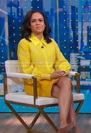 Linsey’s yellow printed blouse on Good Morning America