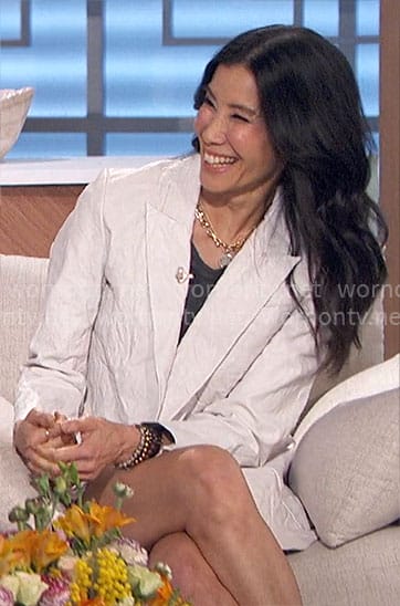 Lisa Ling’s white crinkled leather blazer on The Talk