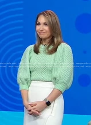 Lori’s green cable knit puff sleeve sweater on Good Morning America