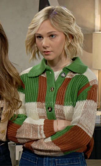 Lucy’s green and brown cardigan on The Young and the Restless