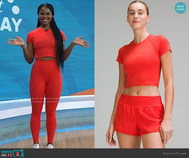 Lululemon Swiftly Tech Cropped Short-Sleeve Shirt 2.0 in Hot Heat worn by Ciara V. Lucas on Today