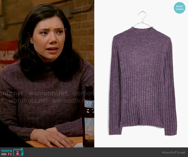 Madewell Alpaca Blend Mock Neck Sweater in Heather Violet worn by Violet Mikami (Hanako Greensmith) on Chicago Fire