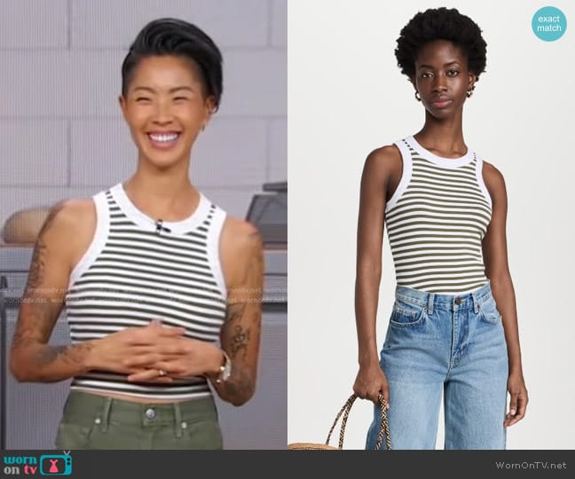 Madewell Brightside Rib Cutaway Crop Tank in Warhol Stripe Loden worn by Kristen Kish on Good Morning America