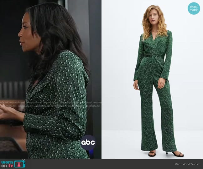 Mango Wrap Waist V-Neck Long Sleeve Jumpsuit worn by Rachel Scott on Good Morning America