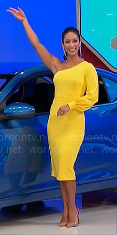 Manuela’s yellow one-shoulder dress on The Price is Right