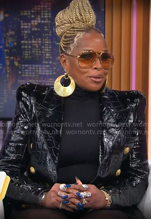 Mary J Blige’s black leather blazer, sunglasses, and earrings on CBS Mornings