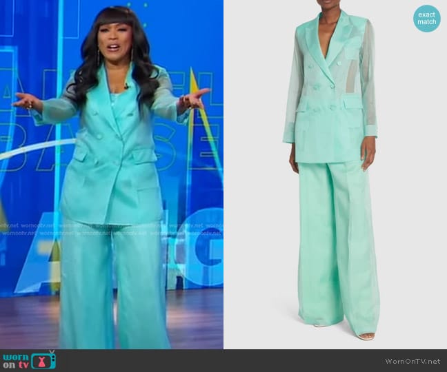 Max Mara Negrar Silk Organza Double Breast Jacket in Water worn by Angela Bassett on Good Morning America