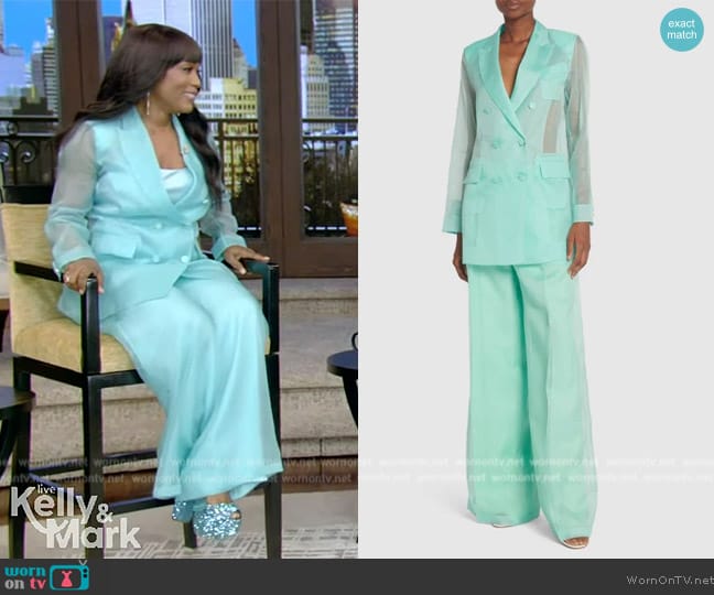 Max Mara Negrar Silk Organza Double Breast Jacket in Water worn by Angela Bassett on Live with Kelly and Mark