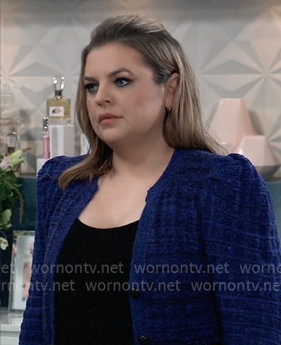 Maxie’s blue tweed cardigan on General Hospital