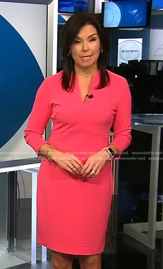 Meg Oliver’s pink v-neck sheath dress on CBS Evening News
