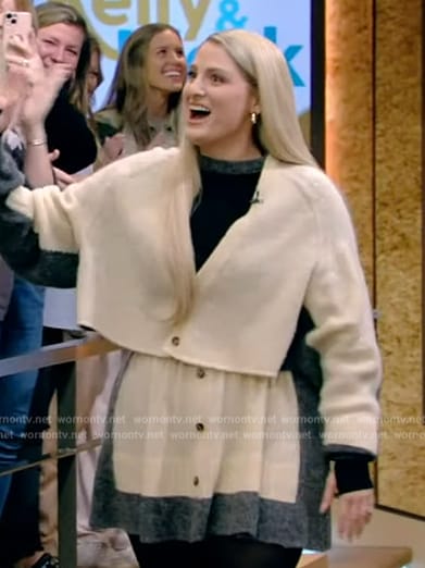 Meghan Trainor’s colorblock cardigan and skirt on Live with Kelly and Mark