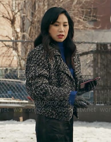 Mel’s black and white tweed jacket on The Equalizer