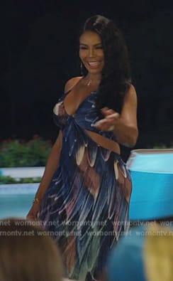 Mia’s blue feather print cutout dress on The Real Housewives of Potomac