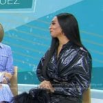 Michaela Jaé Rodriguez’s black metallic shirt and pants with feather on Today