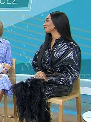 Michaela Jaé Rodriguez’s black metallic shirt and pants with feather on Today