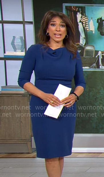 Michelle Miller’s blue cowl neck dress on CBS Mornings