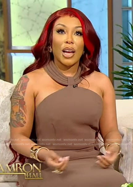 Kimberly Michelle Pate’s brown halter neck dress on Tamron Hall Show
