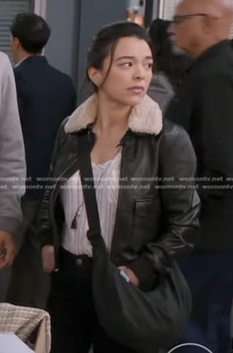 Mika’s black shearling collar leather jacket on Greys Anatomy