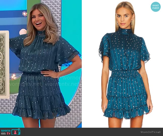 MISA Los Angeles Saffie Dress in Holiday Teal worn by Amber Lancaster on The Price is Right