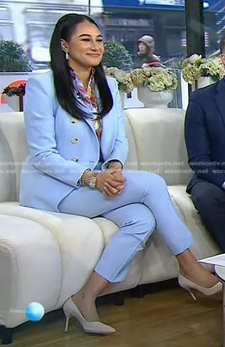 Morgan’s floral blouse and blue suit on Today