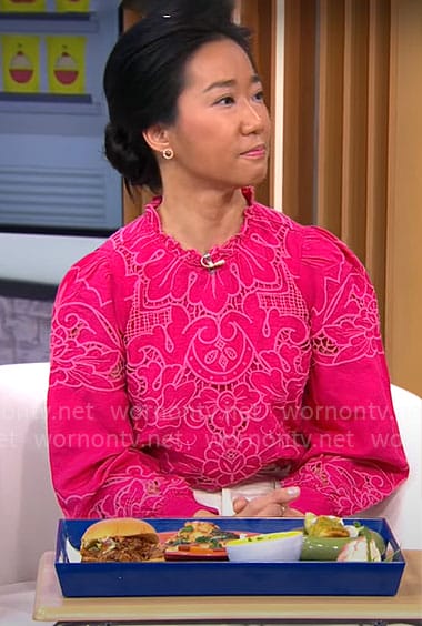 Myo Quinn’s pink embroidered top on CBS Mornings