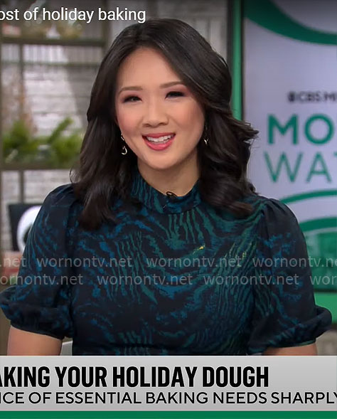 Nancy Chen’s blue and green animal print midi dress on CBS Mornings