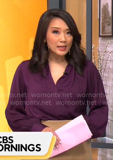 Nancy Chen’s purple wrap blouse on CBS Mornings