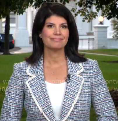 Natalie Brand’s tweed blazer with white trim on CBS Mornings