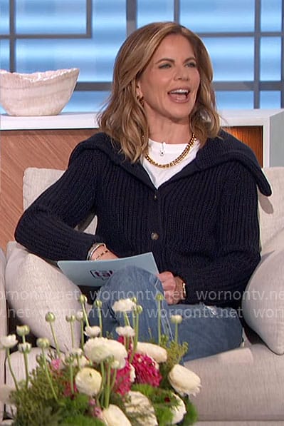 Natalie’s navy wide collar cardigan on The Talk