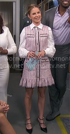 Natalie’s pink tweed button front dress on The Talk