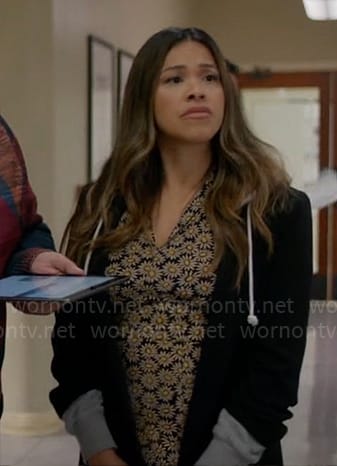 Nell’s daisy print dress and blazer with hoodie on Not Dead Yet