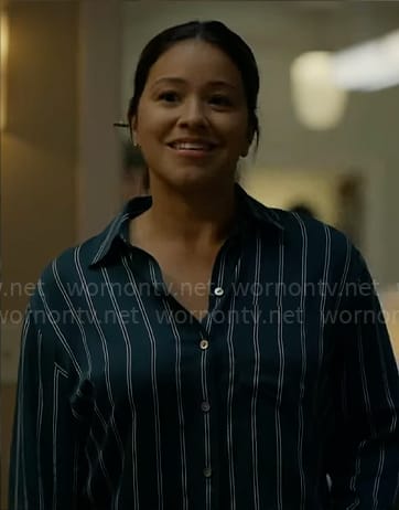 Nell’s green striped button down shirt on Not Dead Yet