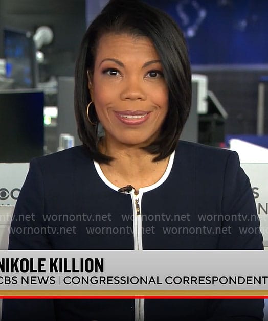 Nikole Killion’s navy jacket with white trims on CBS Mornings