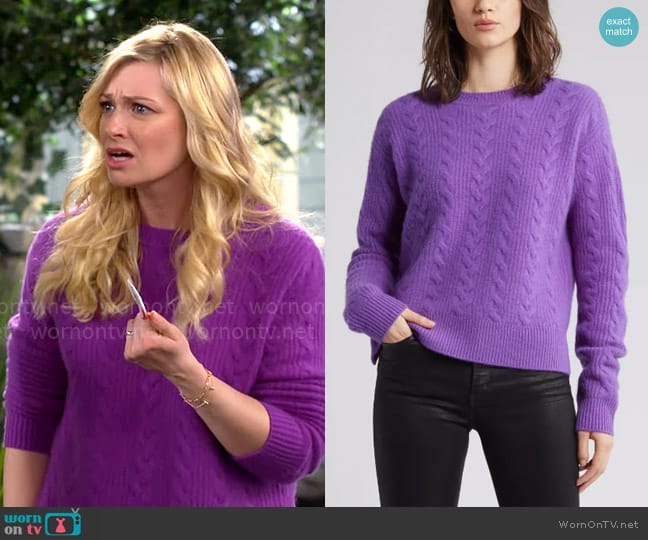 Nordstrom Signature Cable Knit Cashmere Crewneck Sweater Purple Tilandia worn by Gemma (Beth Behrs) on The Neighborhood