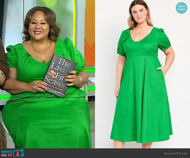 Old Navy Puff-Sleeve Midi Swing Dress in Beach Cruiser Green worn by Jasmine Guillory on Today