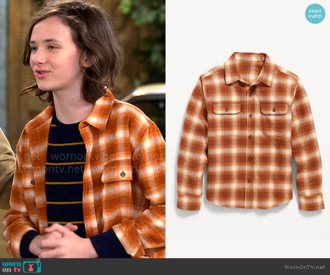 Old Navy Soft-Brushed Flannel Pocket Shirt in Orange Plaid worn by Grover Johnson (Hank Greenspan) on The Neighborhood