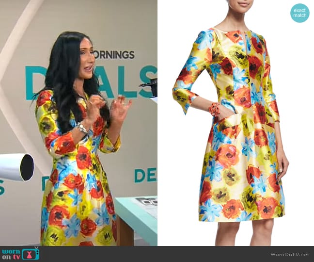 Oscar de la Renta Impasto Floral-Print A-Line Dress, Marigold worn by Elizabeth Werner on CBS Mornings