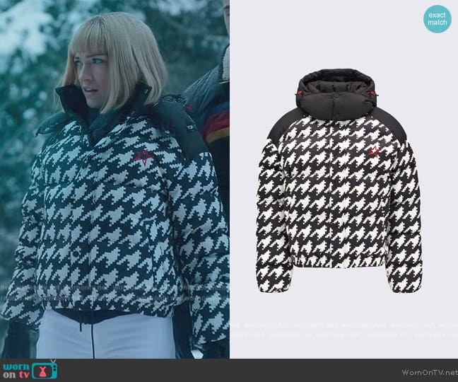 Perfect Moment Houndstooth Hooded Puffer Jacket worn by Imogene (Violett Beane) on Death and Other Details