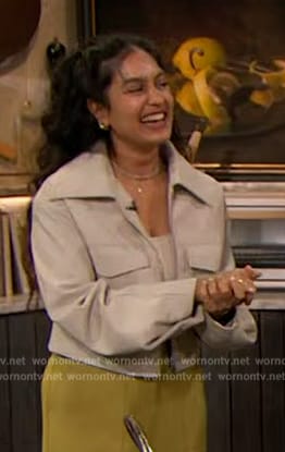 Radi Devlukia-Shetty’s ivory leather jacket on The Drew Barrymore Show