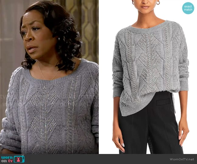 Ramy Brook Lucille Cable Knit Sweater worn by Tina Butler (Tichina Arnold) on The Neighborhood