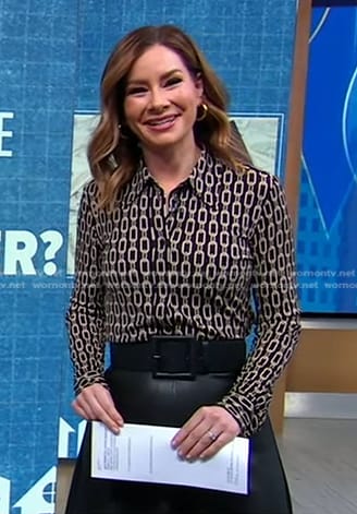 Rebecca’s black link chain print blouse on Good Morning America