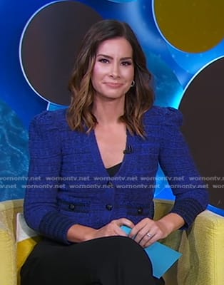 Rebecca’s blue knit cardigan on Good Morning America