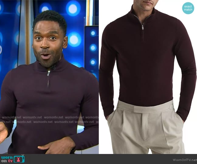 Reiss Blackhall Merino Funnel Neck Half Zip Pullover in Bordeaux worn by Justin Sylvester on Today